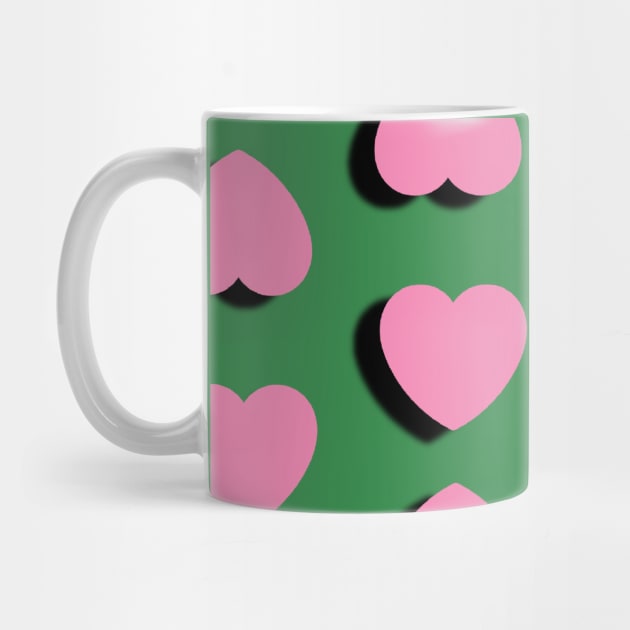 Pink Hearts Spots on Green Background by OneThreeSix